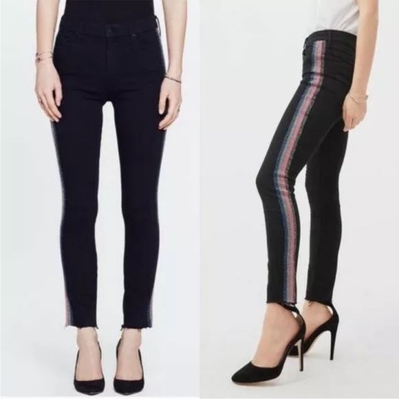 Mother High Waisted Looker Ankle Fray Black Guilty Glitter Racer Stripe Jeans 26 - Picture 5 of 16